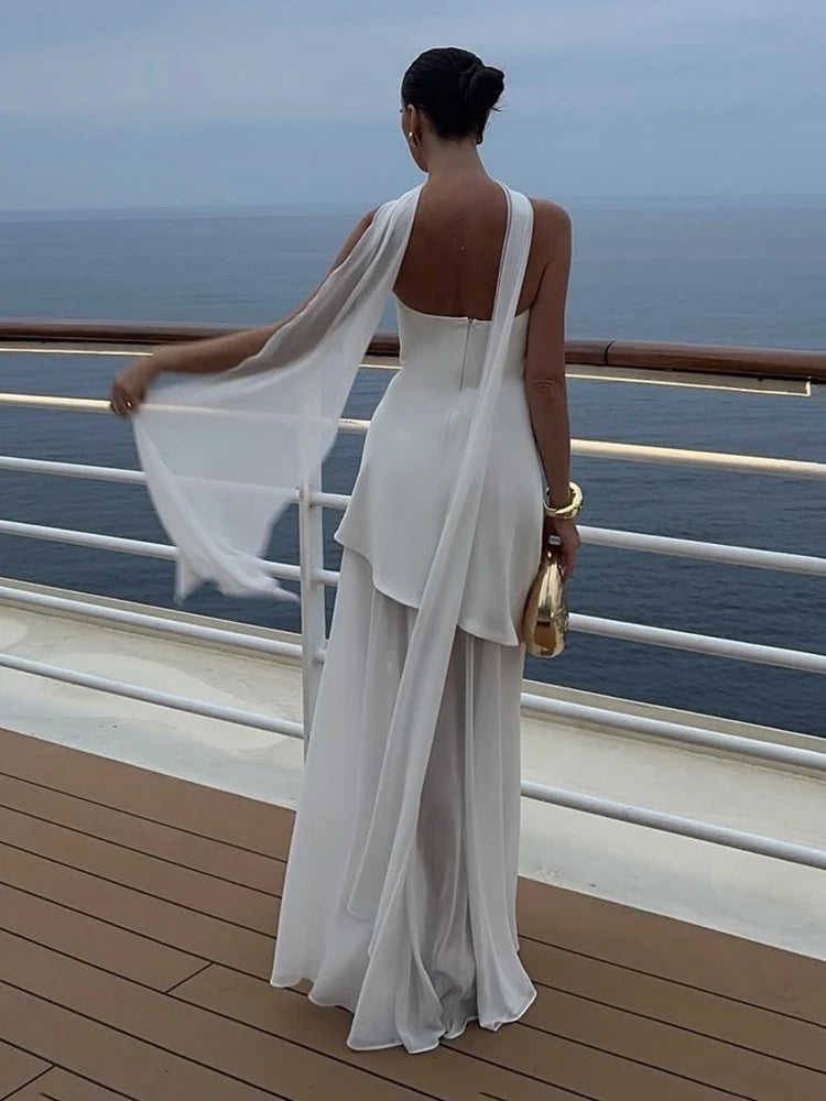 Elegant Women's Strapless Ribbon Long Dress  White Yellow Burgundy Brown