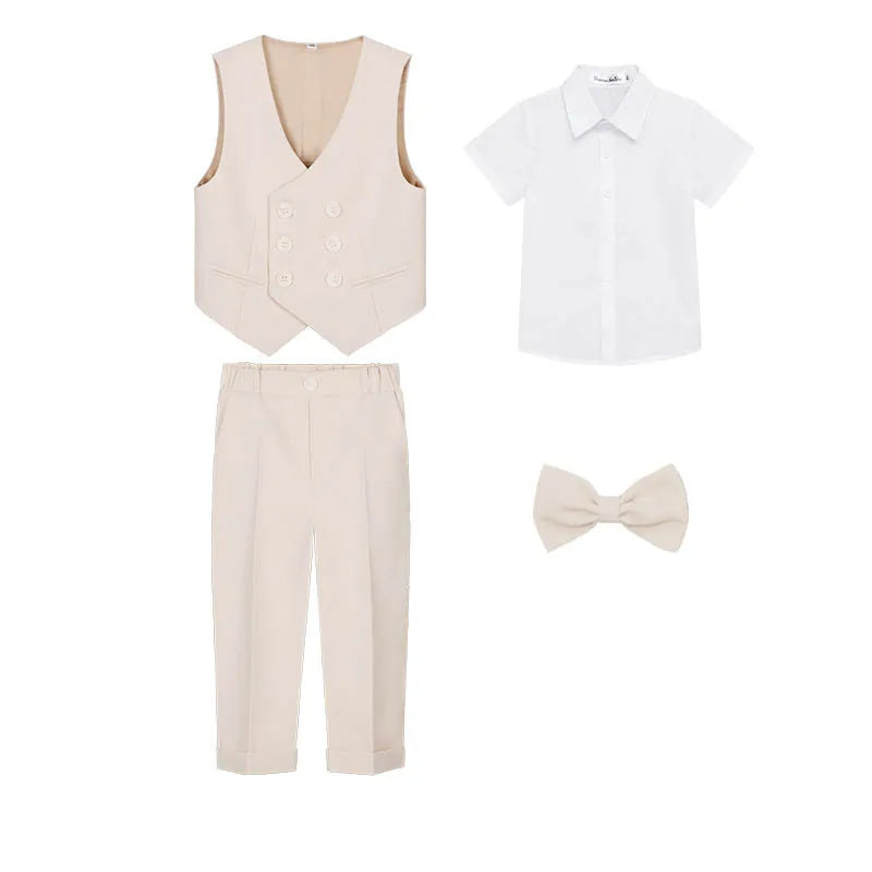 Kids Beige WaistCoat Shirt Pants Bowtie Tuxedo  Vest Suit