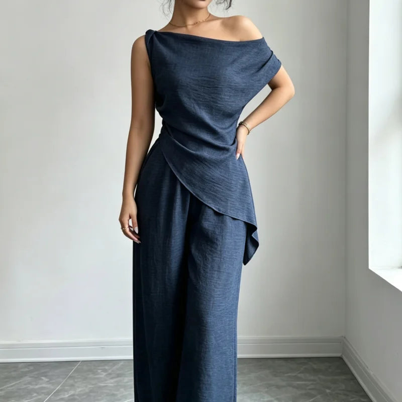 Irregular Draped Sleeveless Top Wide Leg Pants Two piece Outfit Sets