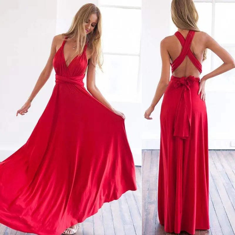Sexy Multiway Wrap Convertible Boho Maxi  Red Dress