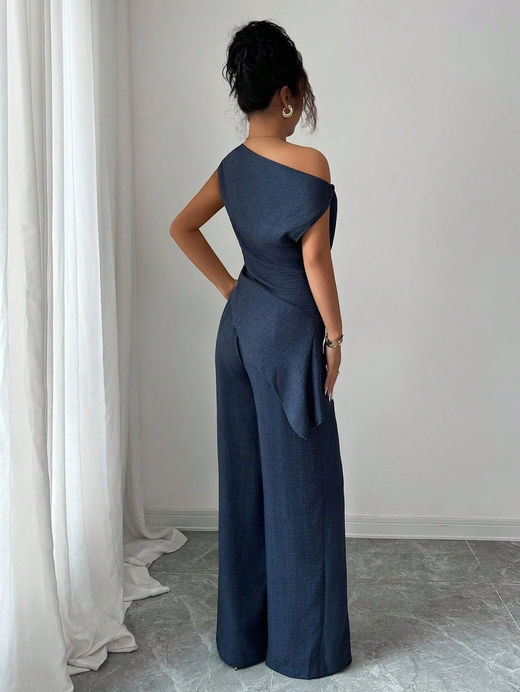 Irregular Draped Sleeveless Top Wide Leg Pants Two piece Outfit Sets
