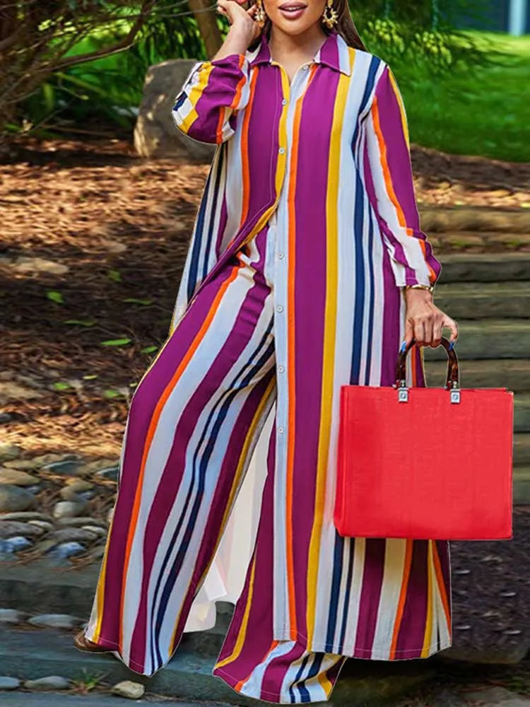Elegant 2-piece Sleeve Striped Plus Size Matching Sets