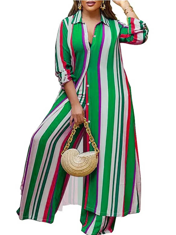 Elegant 2-piece Sleeve Striped Plus Size Matching Sets