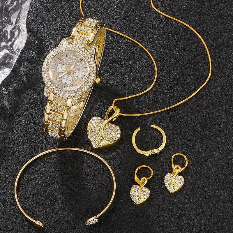Ring Necklace Earring Rhinestone Fashion Wristwatch Casual Ladies Jewelry Set