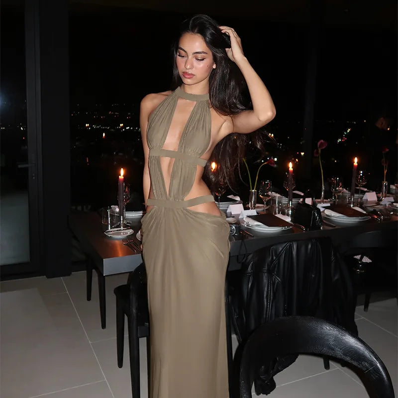 Waistless Backless Sleeveless Khaki Evening Long Dress
