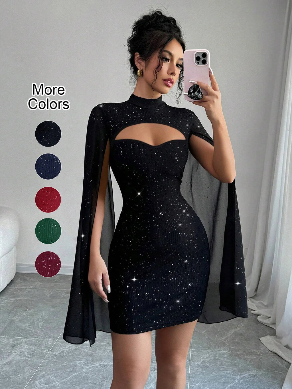 Stand Collar Cape Mini Dress Sequins