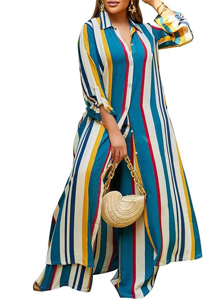 Elegant 2-piece Sleeve Striped Plus Size Matching Sets
