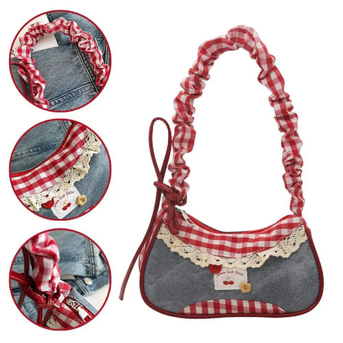 1Pc Fashion Grid Women Bag Lace Ribbon Stretchable Shoulder Strap Single Shoulder Underarm Bag Daily Commuting Student Handbag
