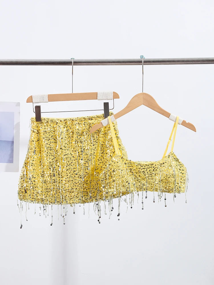 Sexy Tassel Sequins Vest Mini Skirt Women Crop Sling Vests
