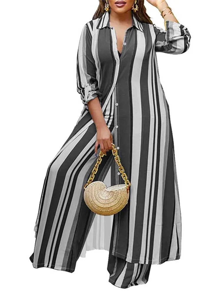 Elegant 2-piece Sleeve Striped Plus Size Matching Sets