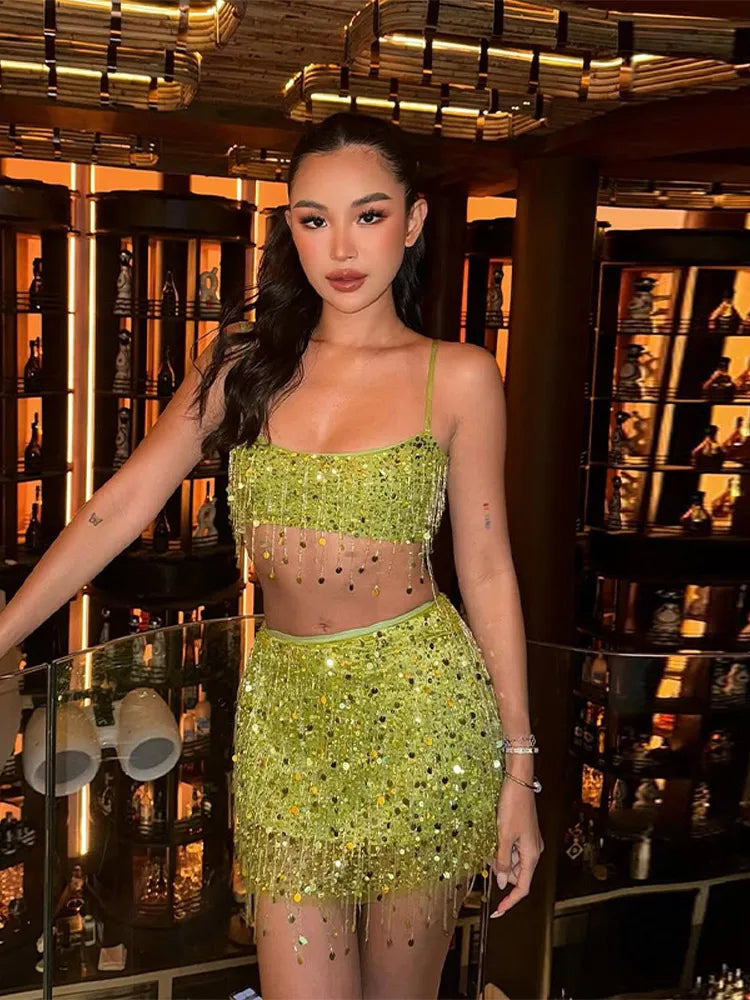 Sexy Tassel Sequins Vest Mini Skirt Women Crop Sling Vests