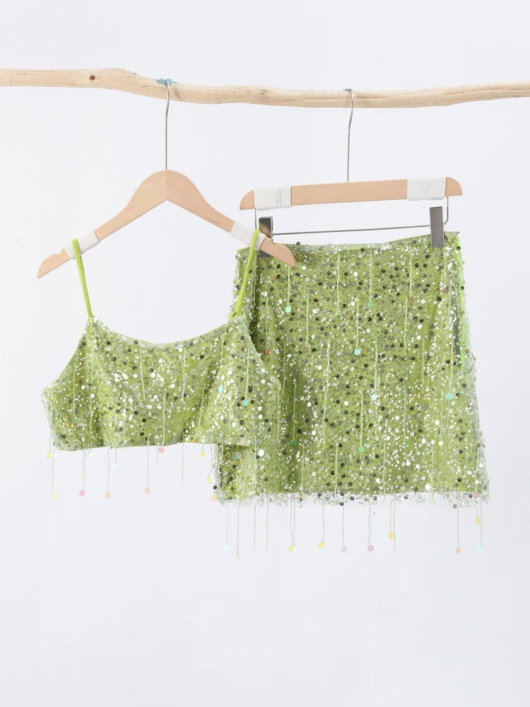 Sexy Tassel Sequins Vest Mini Skirt Women Crop Sling Vests