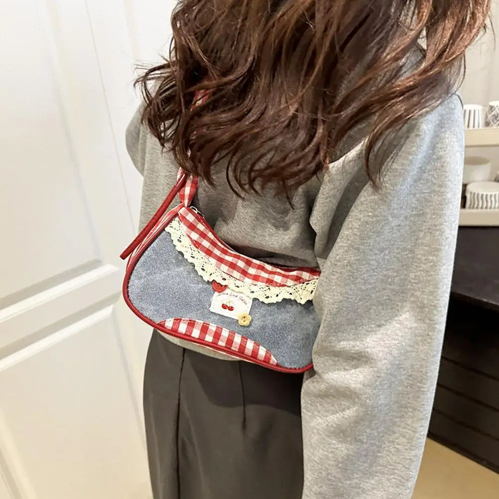1Pc Fashion Grid Women Bag Lace Ribbon Stretchable Shoulder Strap Single Shoulder Underarm Bag Daily Commuting Student Handbag