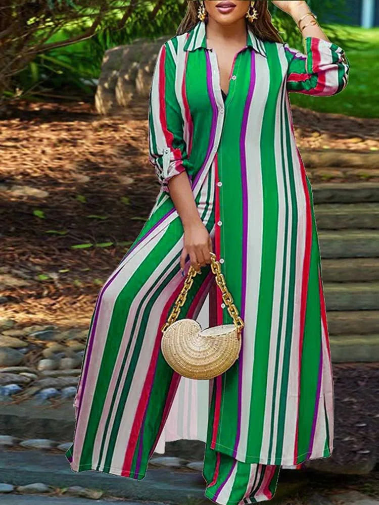 Elegant 2-piece Sleeve Striped Plus Size Matching Sets