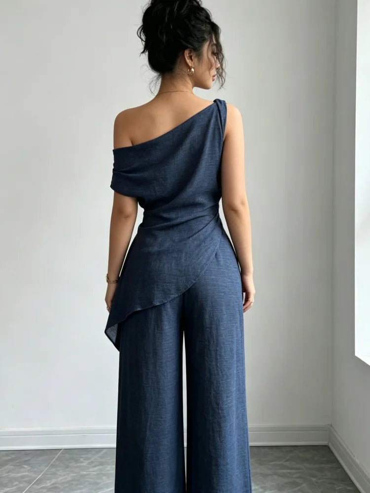 Irregular Draped Sleeveless Top Wide Leg Pants Two piece Outfit Sets