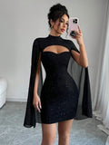 Stand Collar Cape Mini Dress Sequins
