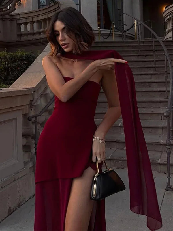 Elegant Women's Strapless Ribbon Long Dress  White Yellow Burgundy Brown