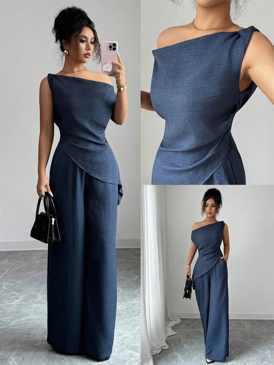 Irregular Draped Sleeveless Top Wide Leg Pants Two piece Outfit Sets
