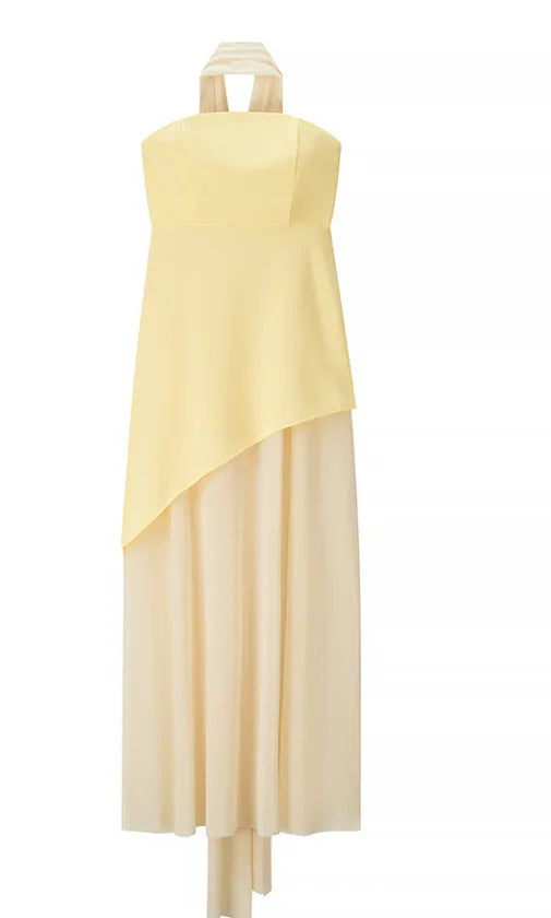 Elegant Women's Strapless Ribbon Long Dress  White Yellow Burgundy Brown