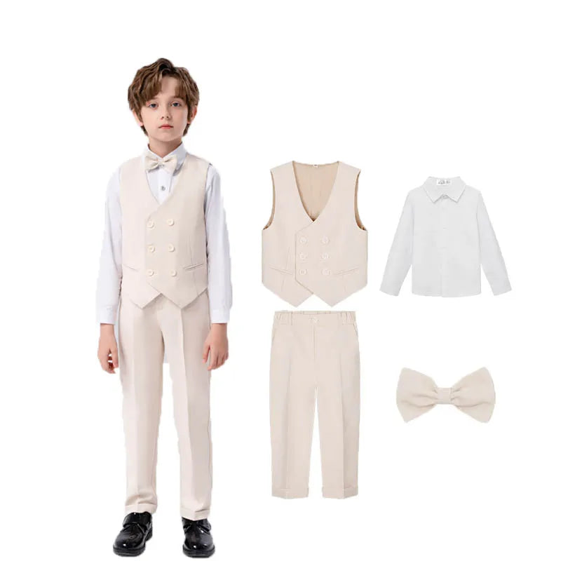 Kids Beige WaistCoat Shirt Pants Bowtie Tuxedo  Vest Suit