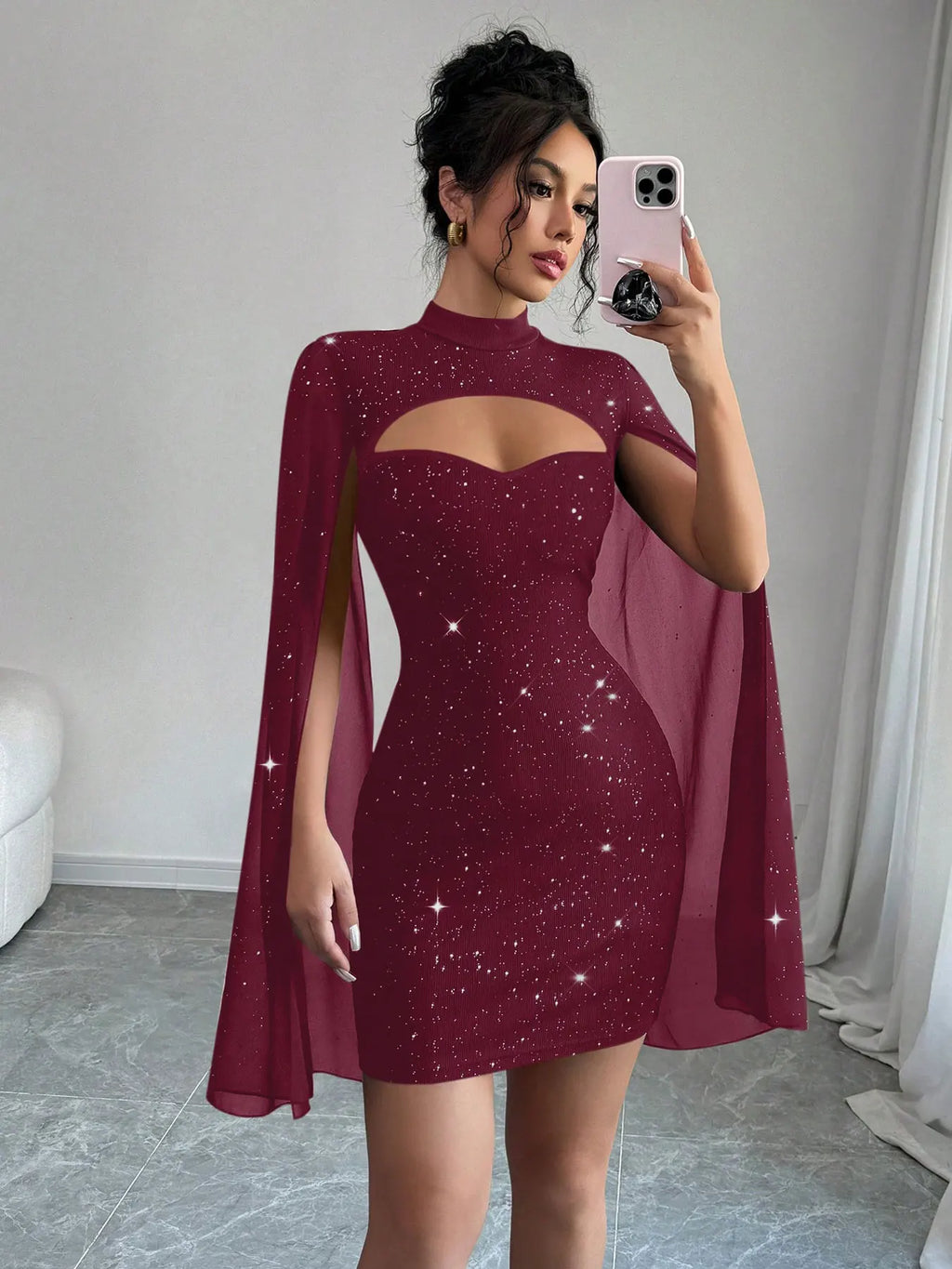 Stand Collar Cape Mini Dress Sequins