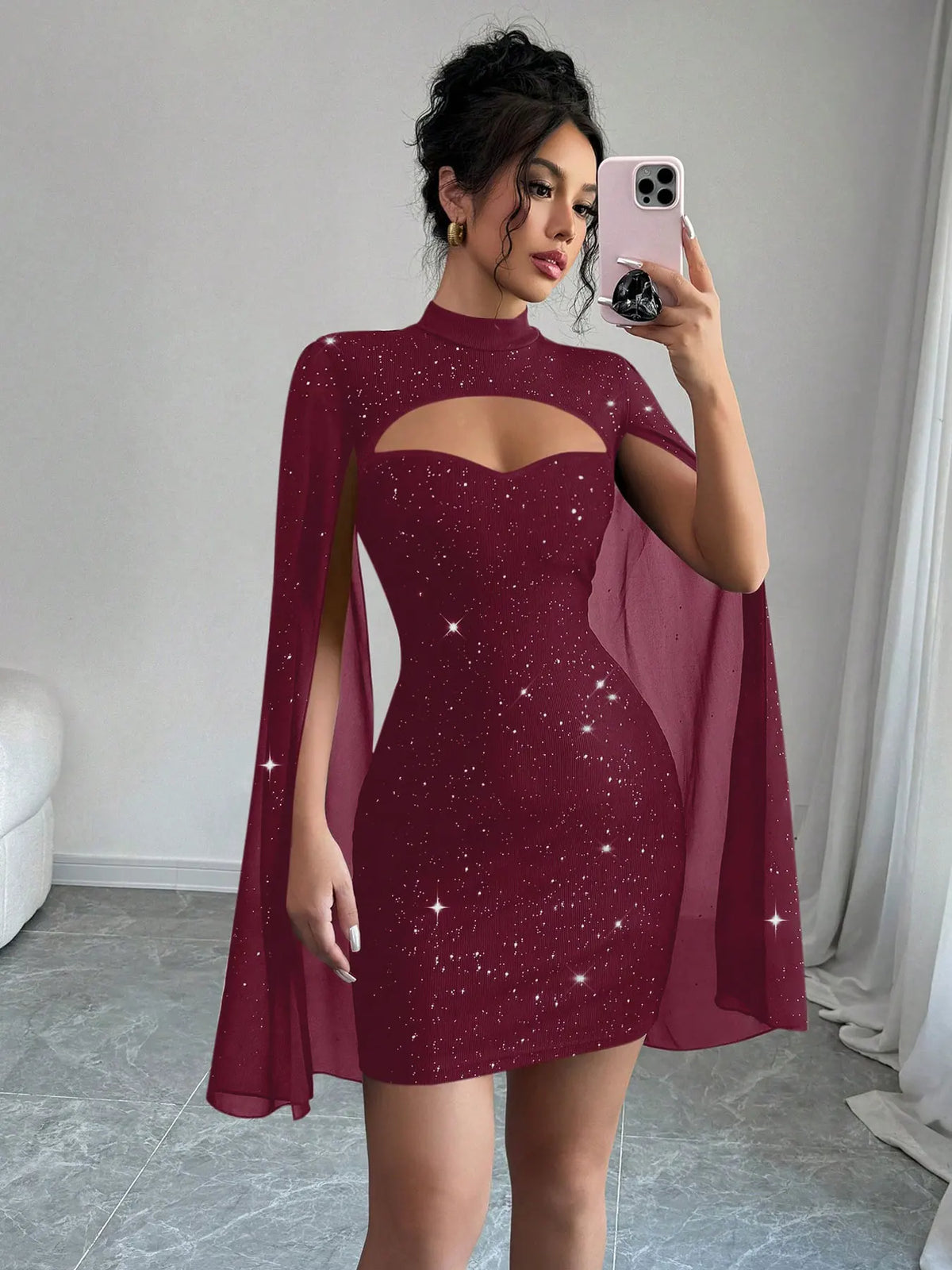 Stand Collar Cape Mini Dress Sequins