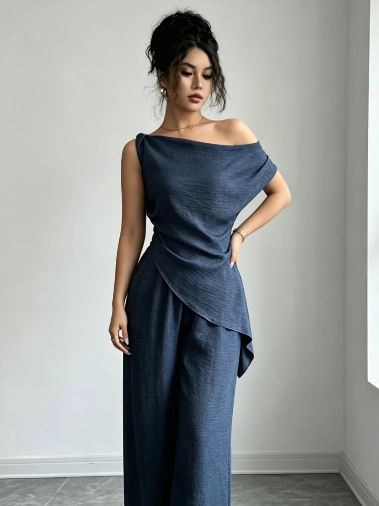 Irregular Draped Sleeveless Top Wide Leg Pants Two piece Outfit Sets