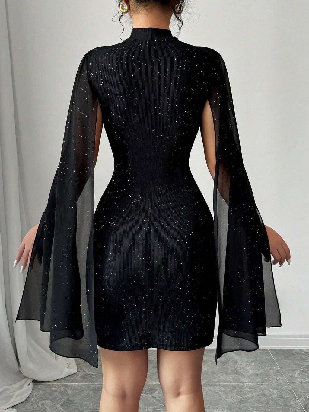 Stand Collar Cape Mini Dress Sequins