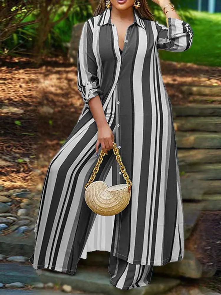 Elegant 2-piece Sleeve Striped Plus Size Matching Sets