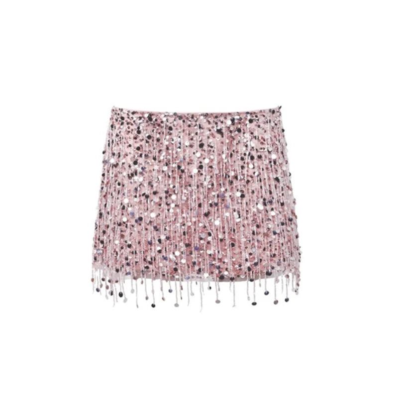Sexy Tassel Sequins Vest Mini Skirt Women Crop Sling Vests