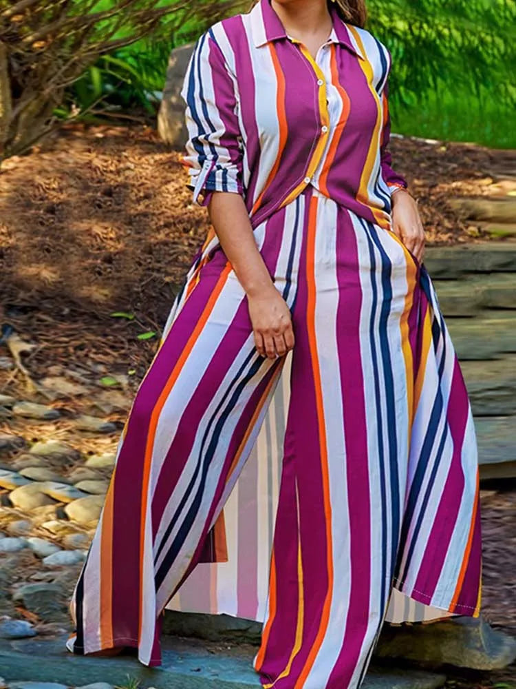 Elegant 2-piece Sleeve Striped Plus Size Matching Sets