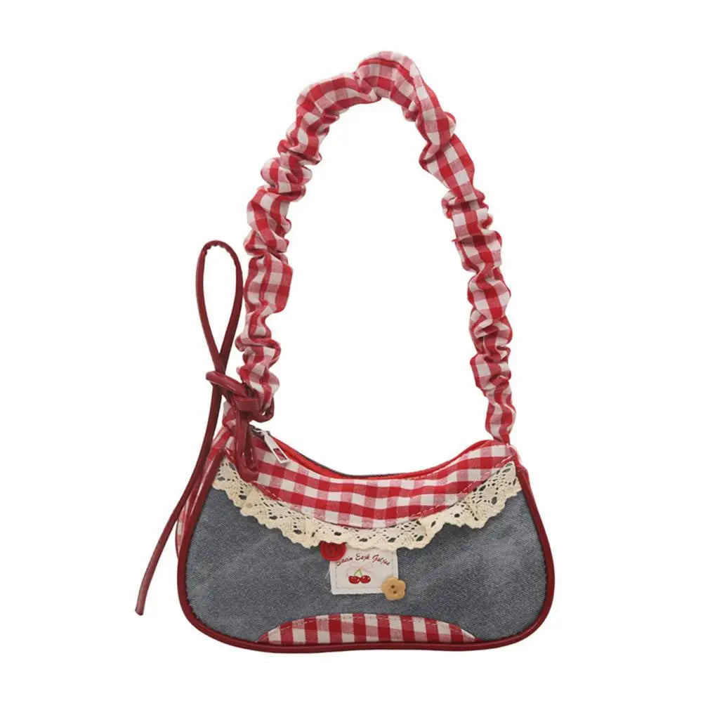 1Pc Fashion Grid Women Bag Lace Ribbon Stretchable Shoulder Strap Single Shoulder Underarm Bag Daily Commuting Student Handbag