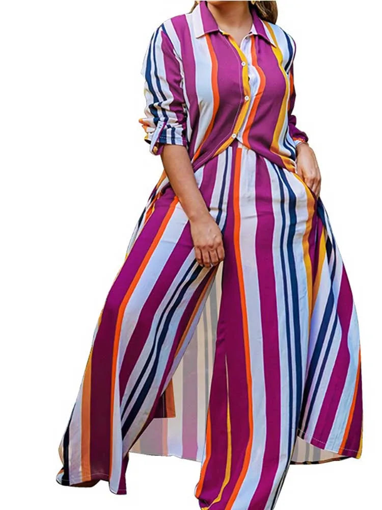 Elegant 2-piece Sleeve Striped Plus Size Matching Sets
