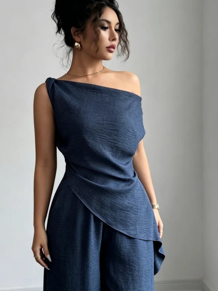 Irregular Draped Sleeveless Top Wide Leg Pants Two piece Outfit Sets