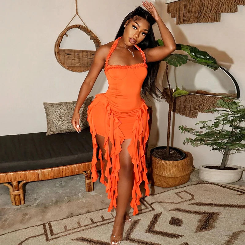 Dulzura Sleeveless Halter Ruffles  Mini Dress
