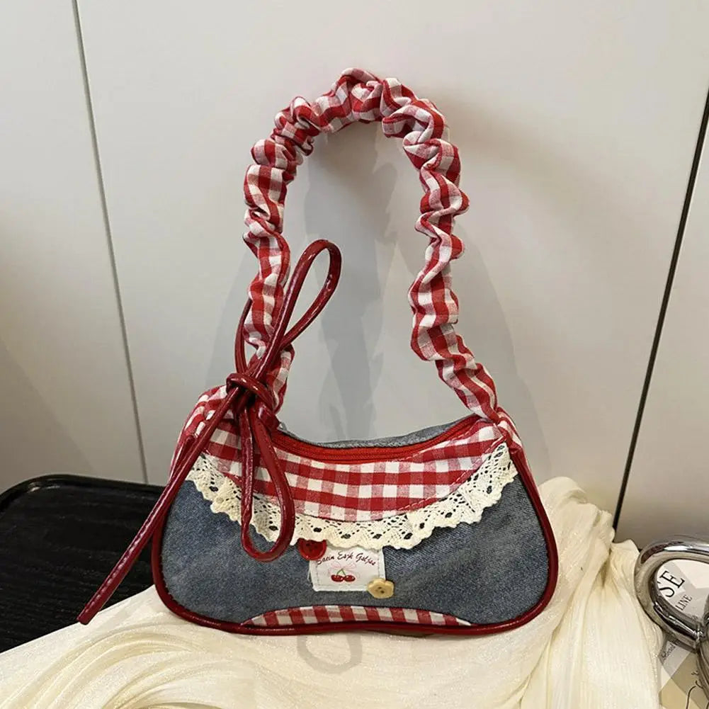 1Pc Fashion Grid Women Bag Lace Ribbon Stretchable Shoulder Strap Single Shoulder Underarm Bag Daily Commuting Student Handbag