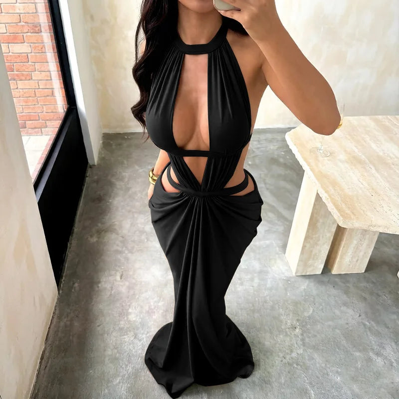 Waistless Backless Sleeveless Khaki Evening Long Dress