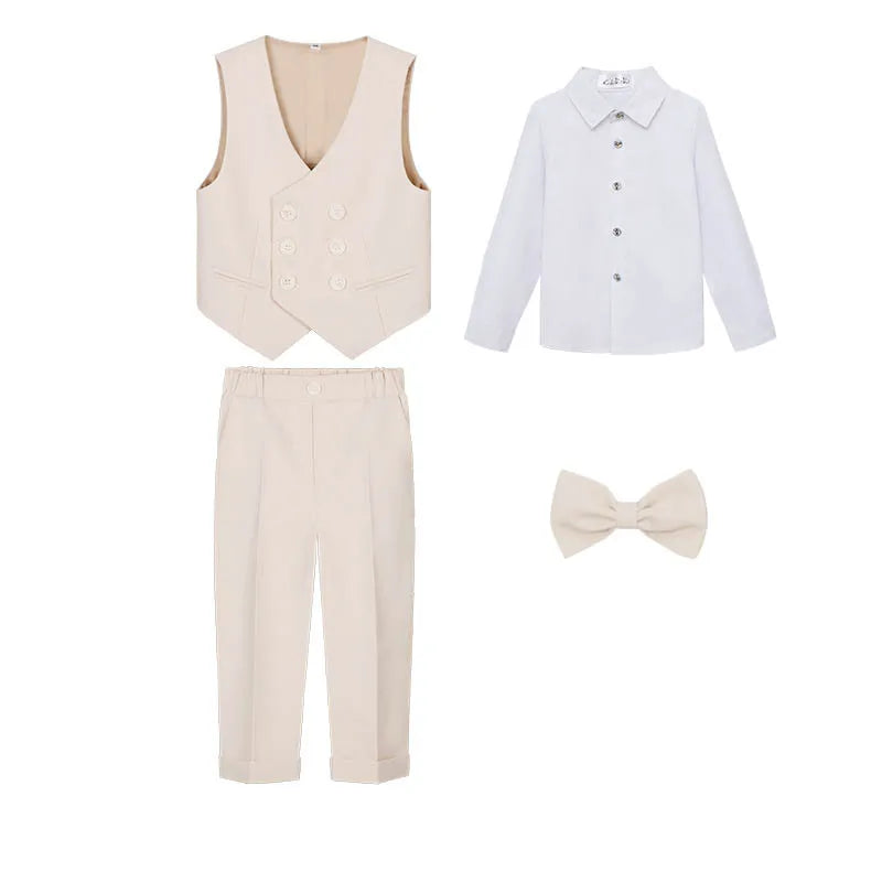 Kids Beige WaistCoat Shirt Pants Bowtie Tuxedo  Vest Suit