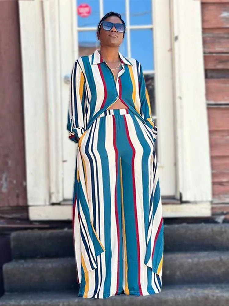 Elegant 2-piece Sleeve Striped Plus Size Matching Sets